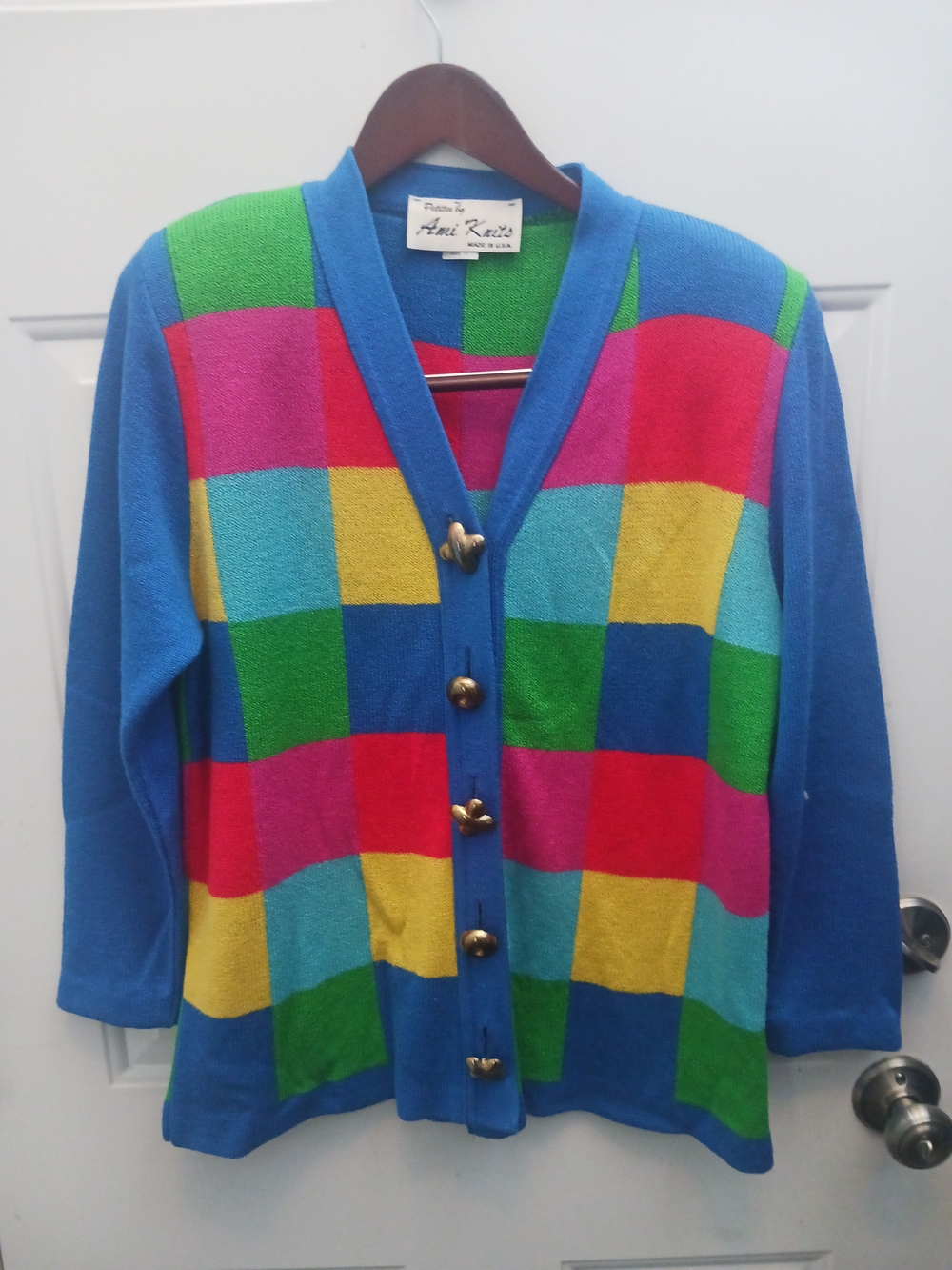 Ami Katt Colorblock Blue Multicolor V-Neck Cardigan
